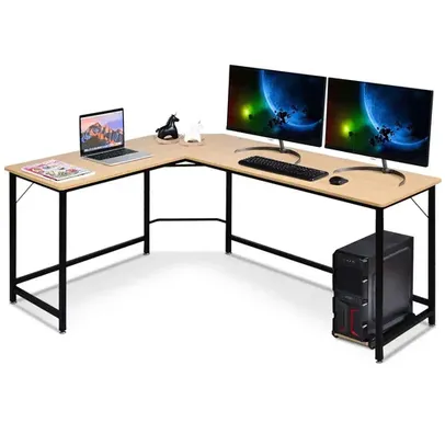 Costway - L-Shaped Computer Desk Corner Workstation Study Gaming Table Home Office - Natural