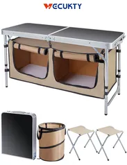 Vecukty Folding Camping Table Kitchen Station Set w/ Storage & Folding Trash Can