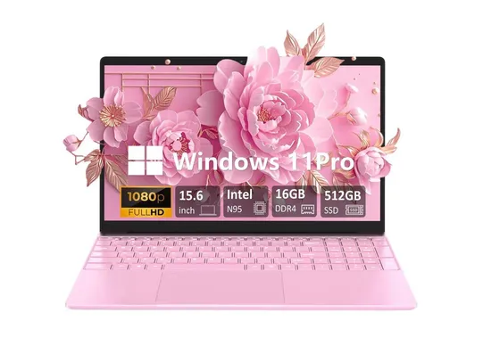 Auusda 15.6" Laptop Computer w/ 16GB RAM 512GB SSD, Intel N95 2.0-3.4 GHz, W11 Pro, Pink